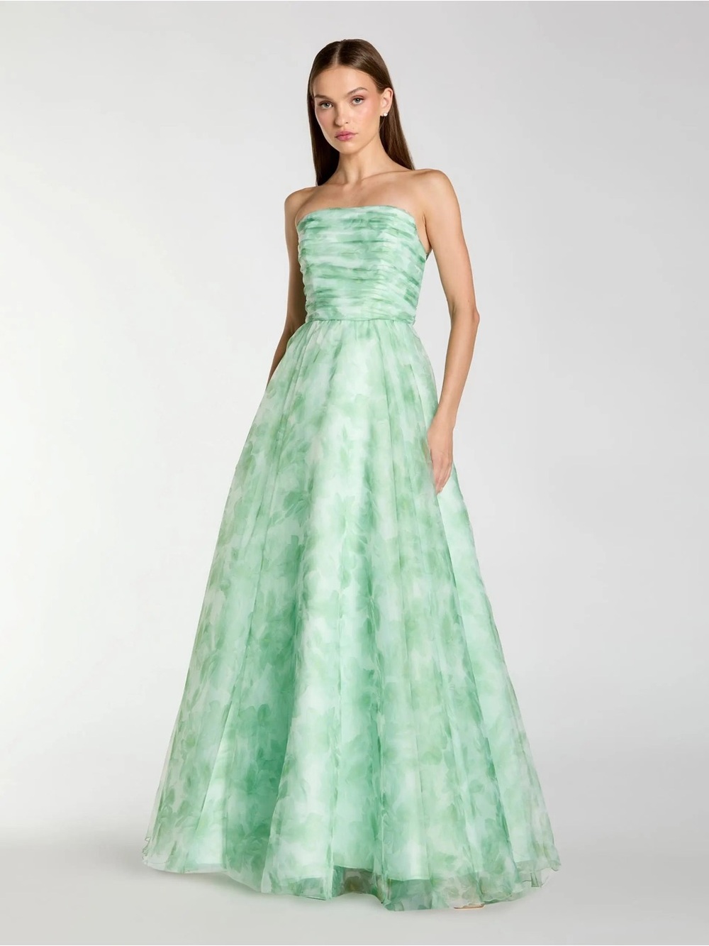 Mac Duggal 30783 Green Strapless Floral Chiffon Gown with Ruched Detail Size 12
